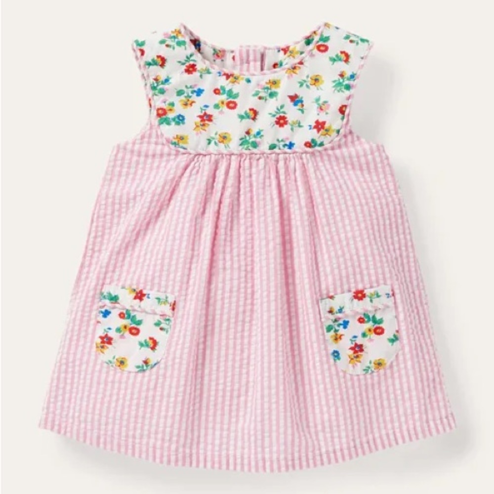 Baby Boden Ticking Woven Pinnie seersucker dress size 6-9 months